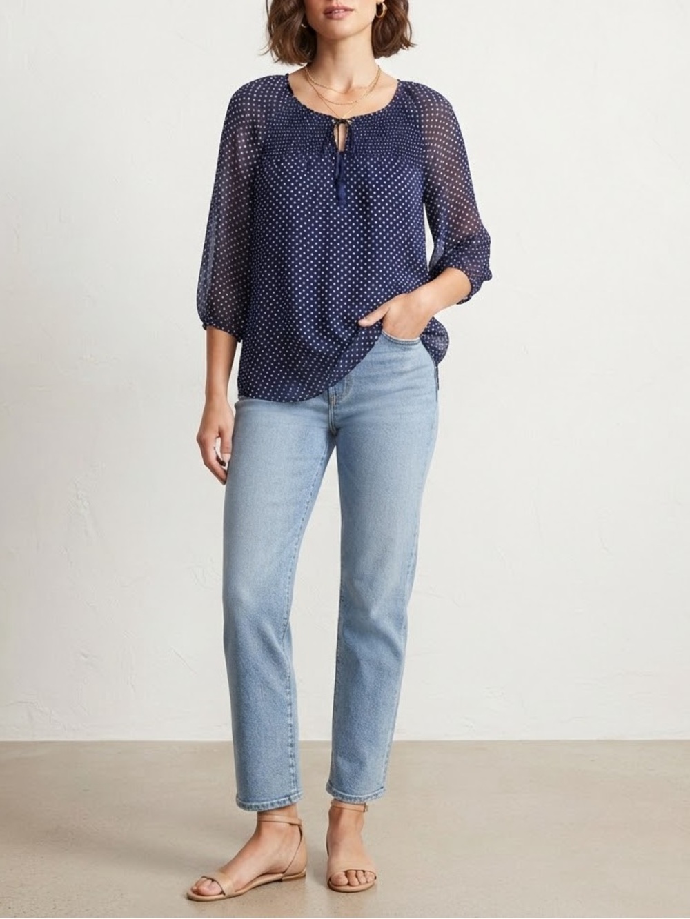 Liz Claiborne Navy Blue Polka Dot Peasant Tunic